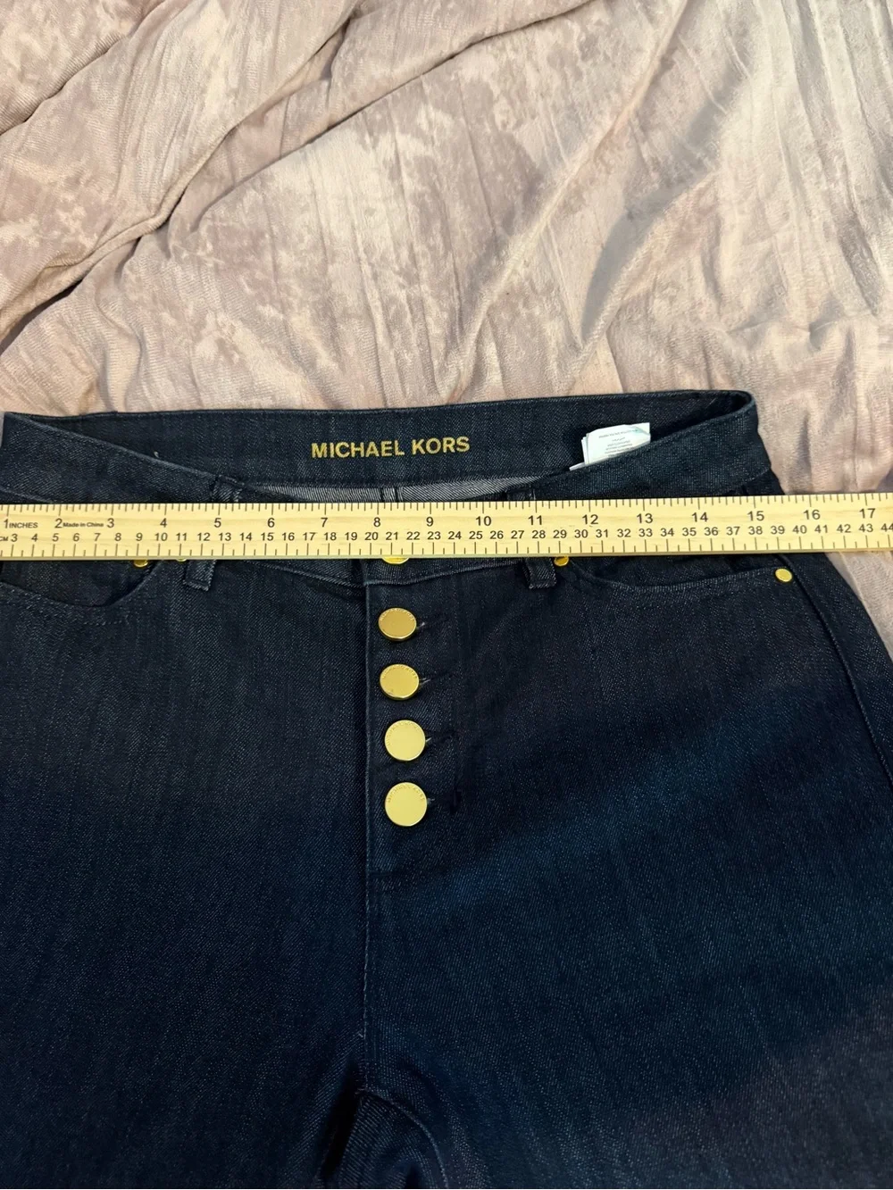 Michael Kors Dark Indigo Wide-Leg Jeans with Gold Hardware